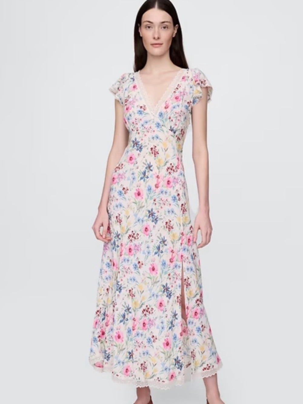 Gap Lace-Trim V-Neck Crepe Maxi Dress Multi Color Floral large